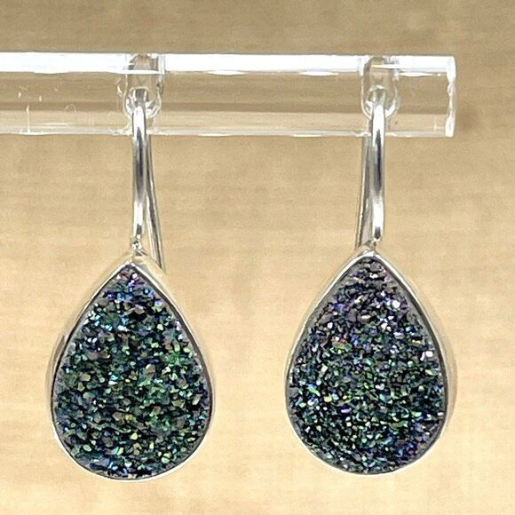 Himalayan Gems Jewelry - Green Drusy Sterling Silver Earrings Pear Shaped Drop Peacock Himalayan Gems